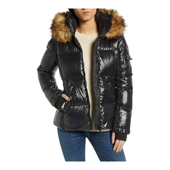S13 Faux Fur Mogul Quilted Down Puffer Coat in Navy Blue Winter Girls' 14 - Picture 1 of 9